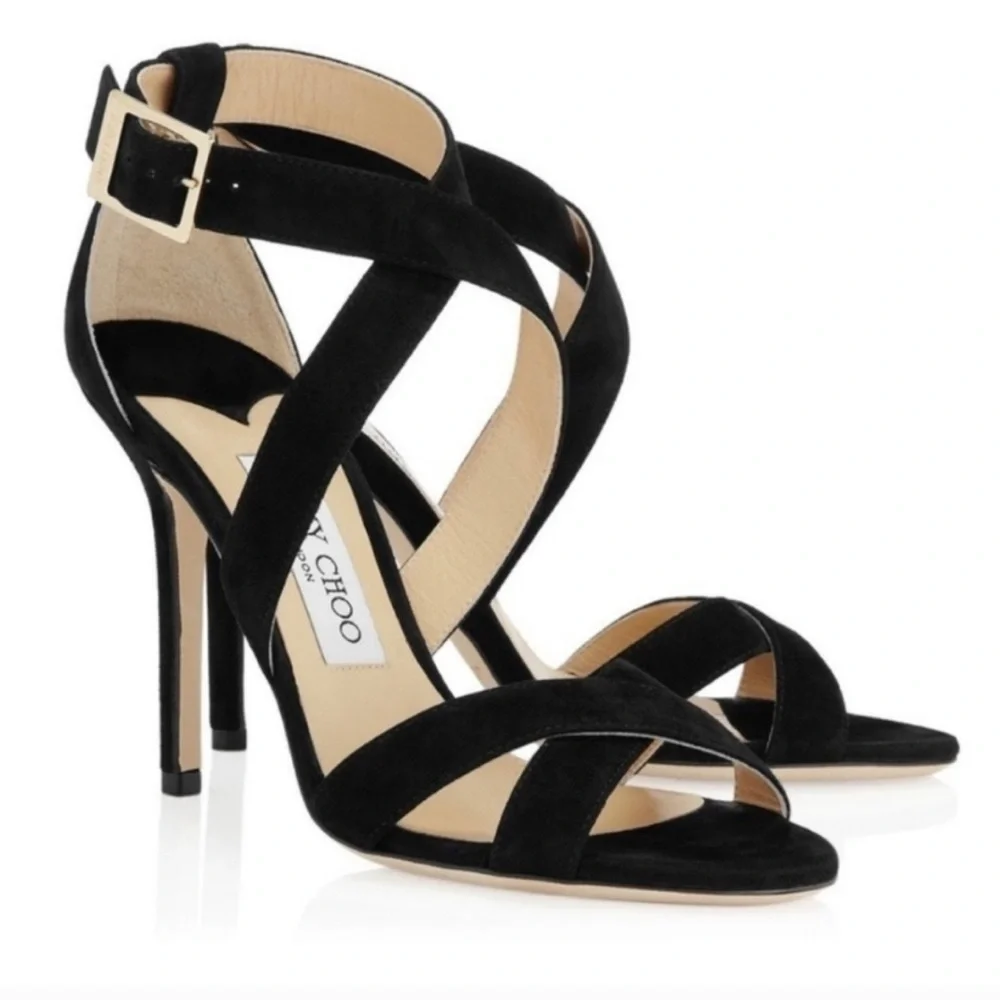 EUC Jimmy Choo Lottie Elegant Black Strappy Suede Heels, Black, 37, 7 - Picture 4 of 15
